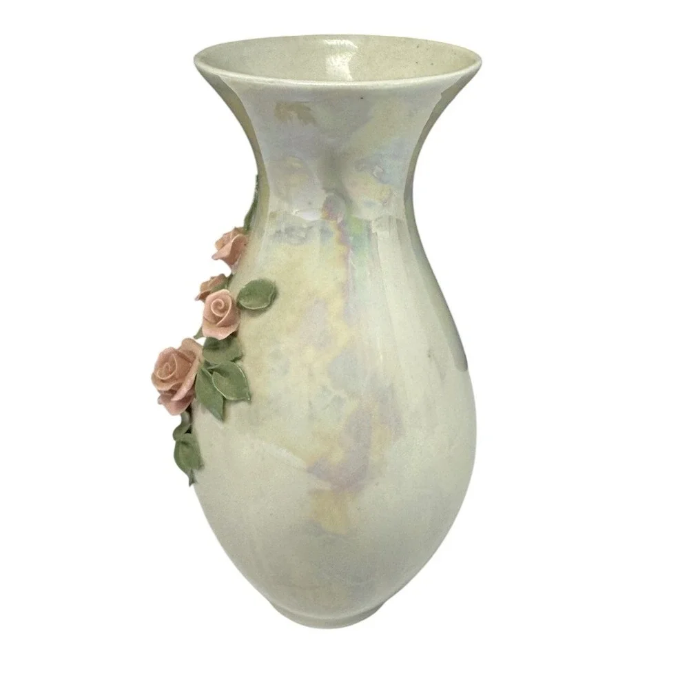 Vintage Floral Vase Iridescent Ceramic Roses Embossed Flower Bud‎ Vase Decor